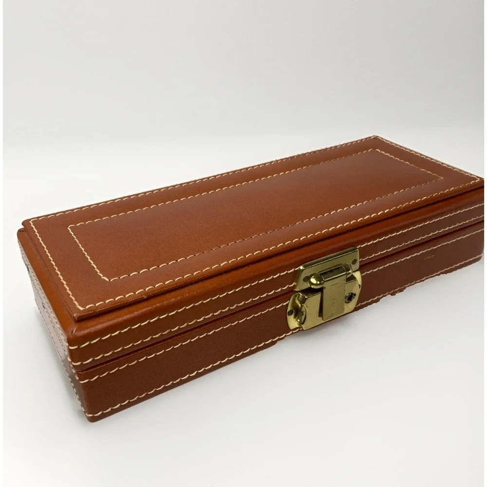 Vintage Mens Brown Leather Jewelry and Accessories Box For Cufflinks Tie Bar